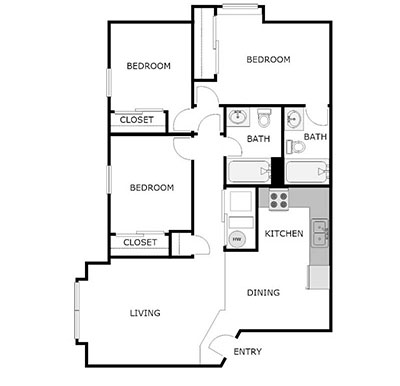 3 bed, 2 bath floor plan